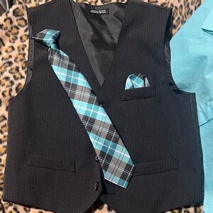 Van Heusen Kids turquoise Blue Shirt with Black Vest and Plaid Tie